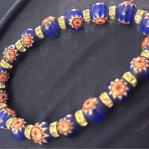 Blue glass Cloisonné Beaded Bracelet with rhinestone accents